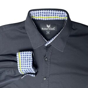 Butter Cloth Shirt Mens M Black Gingham flip cuff Trim Stretch L/S Icy cotton